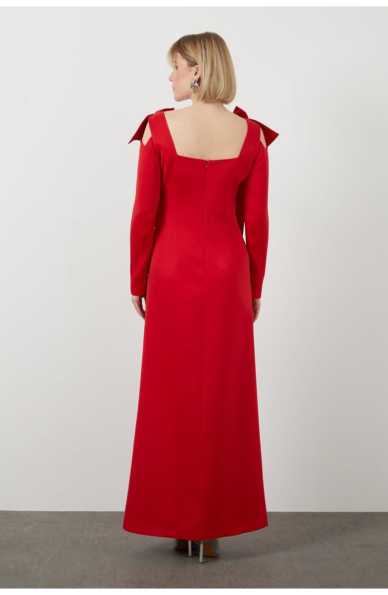 Gizia Shoulder Bow Detail Lined Long Red Dress, Alternate, color, Red