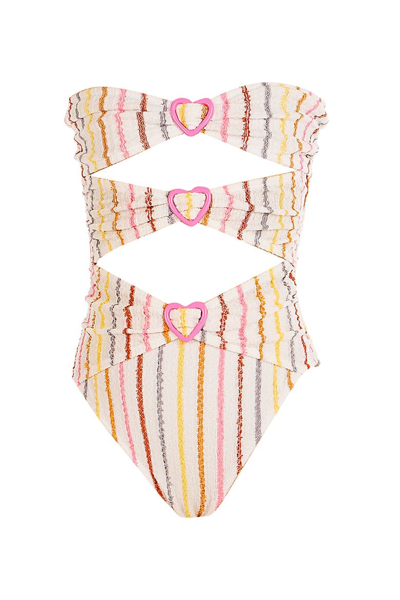 Multi-Color Striped Cutout Heart-Shaped Buckles One-Piece Swimsuit, Main, color, Beige