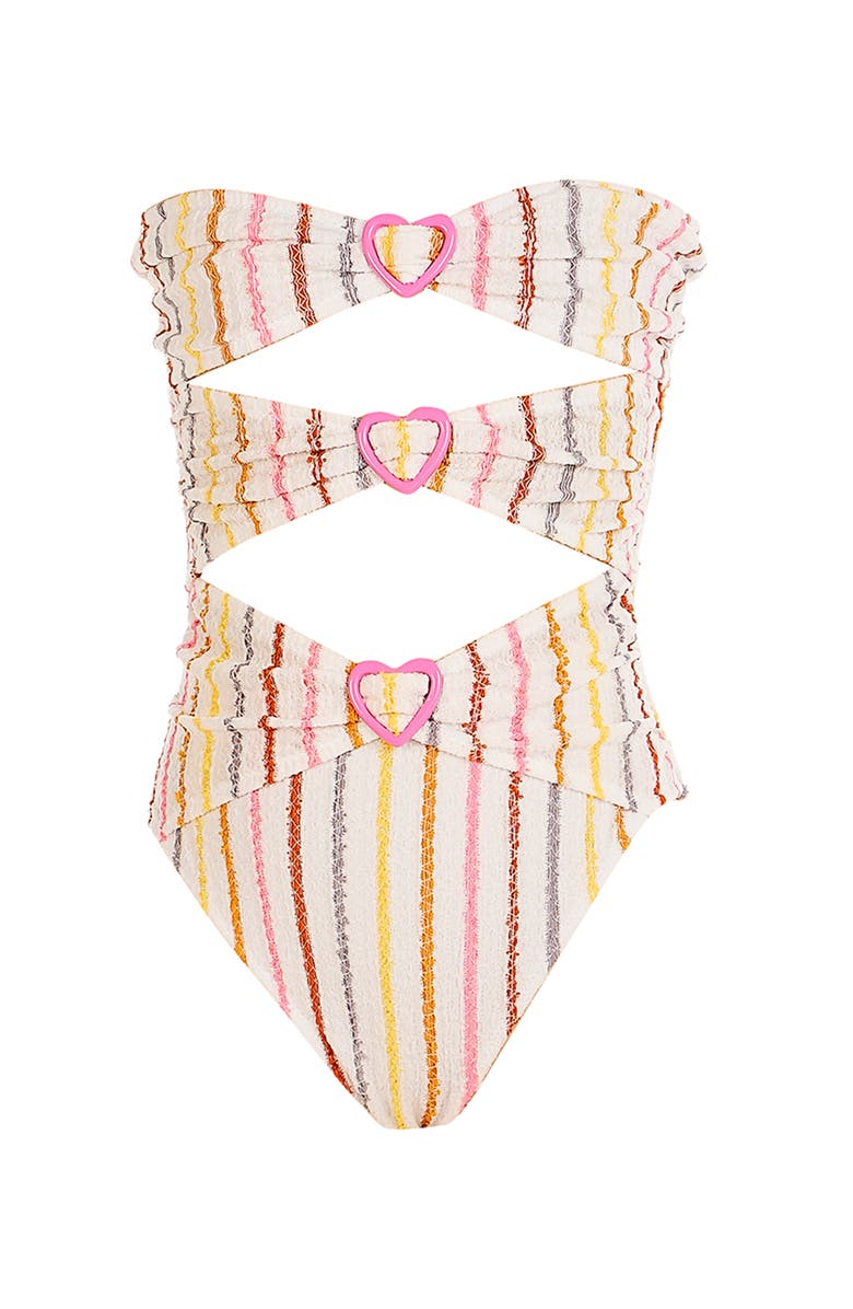 NESSI BYRD Multi-Color Striped Cutout Heart-Shaped Buckles One-Piece Swimsuit, Main, color, Beige