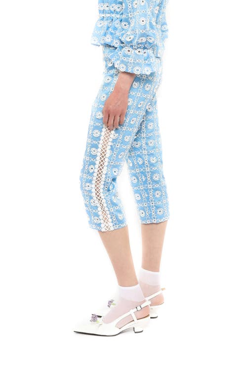 Shop Anna Sui Lattice Lace Embroidery Capri Pants In Baby Blue