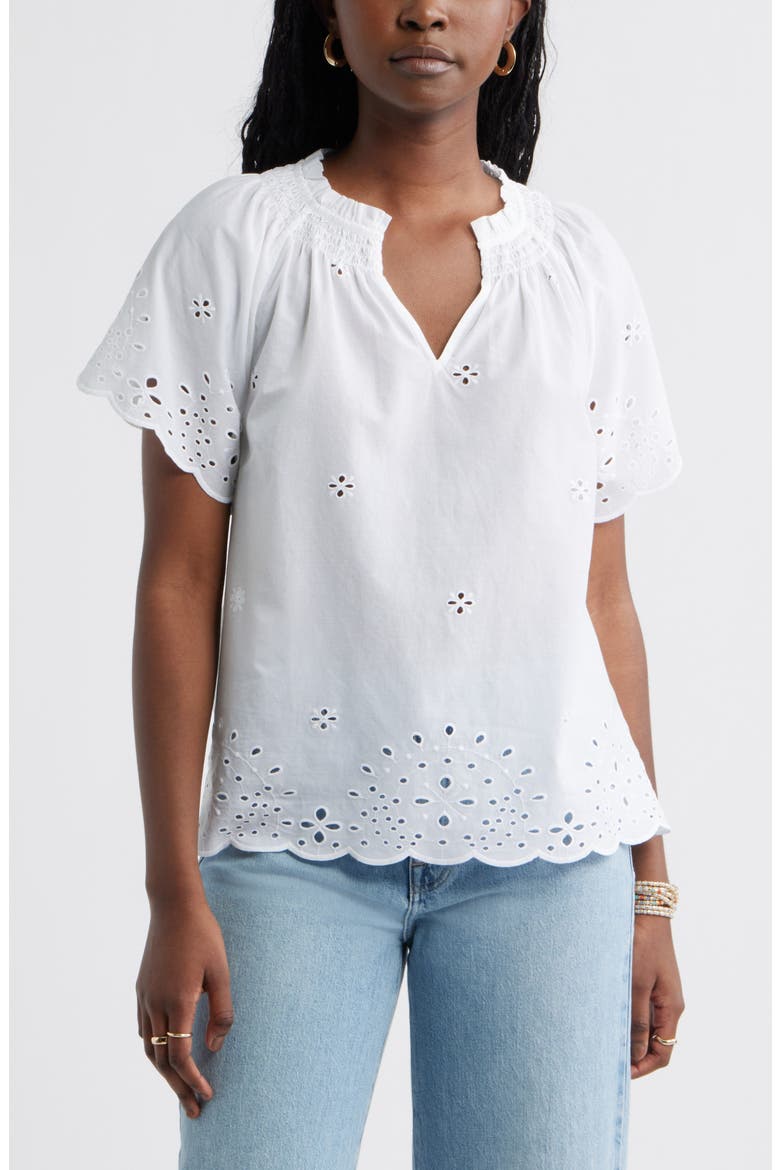 Eyelet Ruffle Trim Cotton Top, Main, color, WHITE