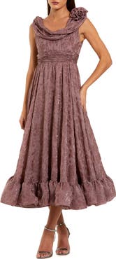 Mac Duggal Burnout Chiffon Sleeveless Cowl Neck Midi Dress