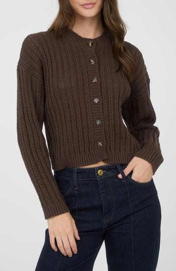 Blu Pepper Pointelle Button Front Crop Cardigan In Brown