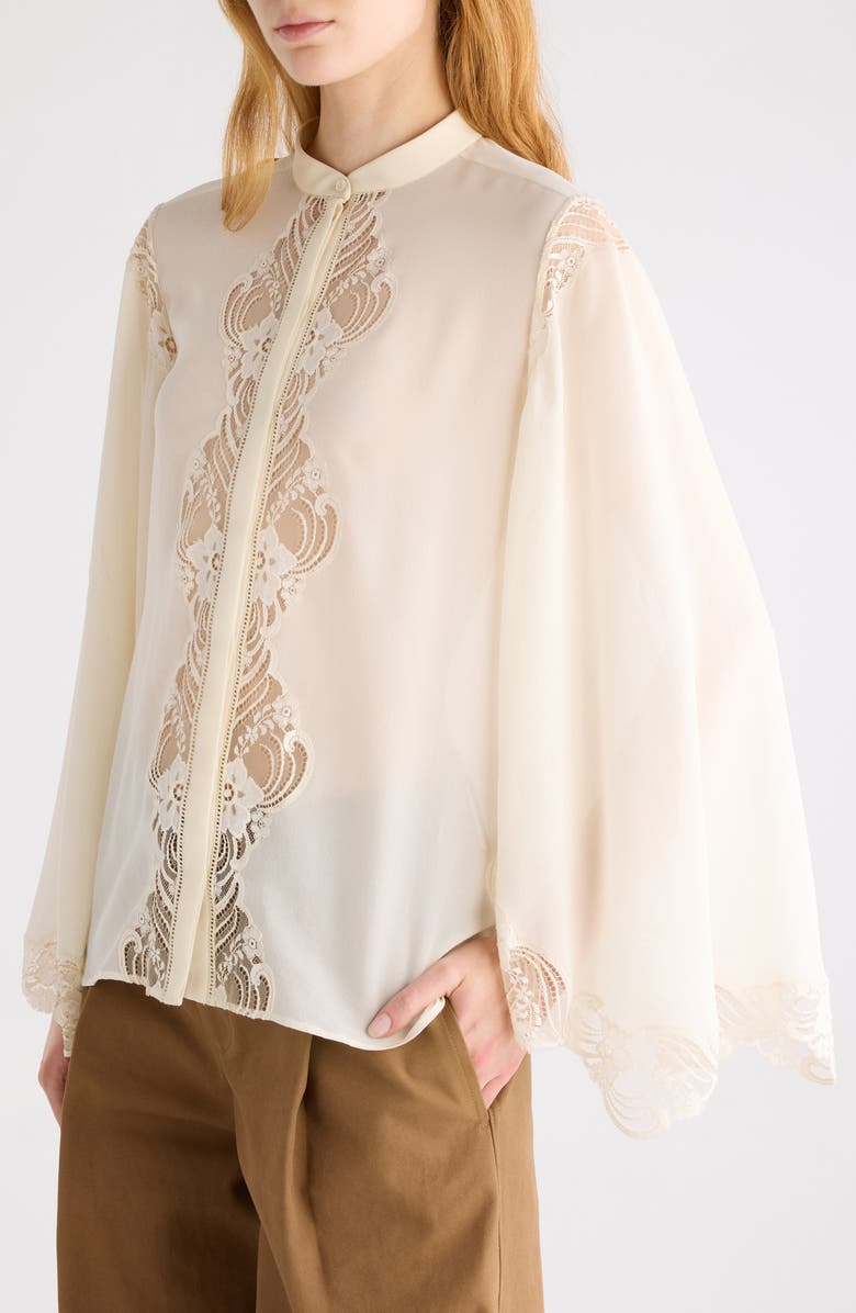 Chloé Silk Georgette & Lace Shirt, Alternate, color, Pristine White