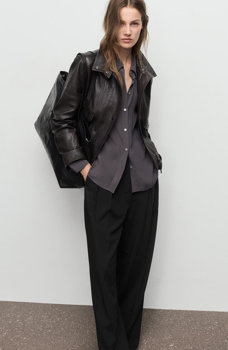 MANGO Pleated Mid Rise Wide Leg Pant, Alternate, color, Black