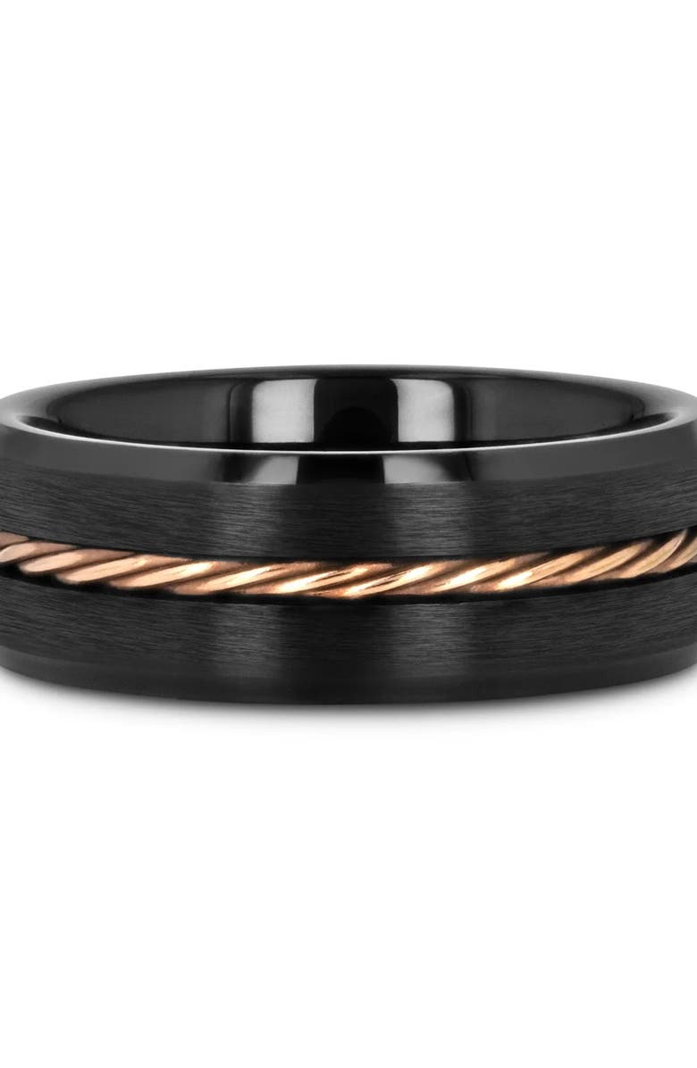 Larson Jewelers ADELARD Braided Cable Tungsten Wedding Band Brushed Center with Polished Beveled Edges, Alternate, color, Black / Rose Gold 8Mm