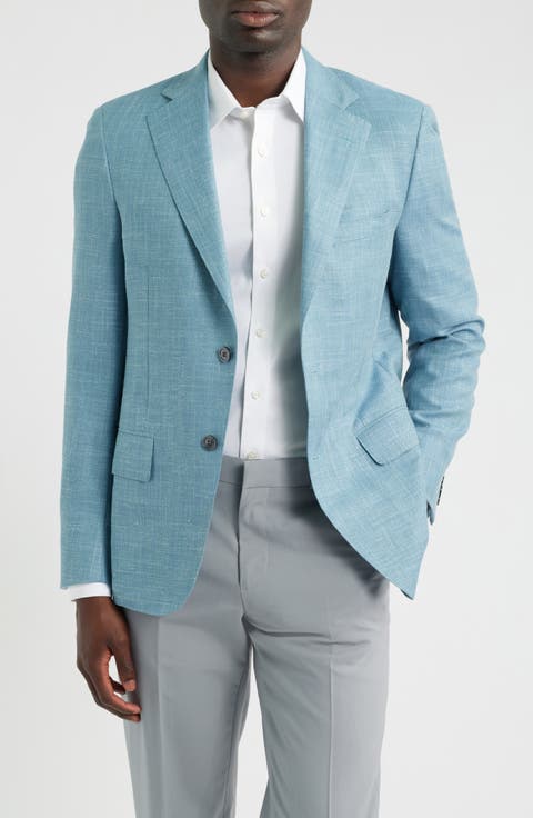 Aqua Blue Slub Wool Blend Twill Sport Coat