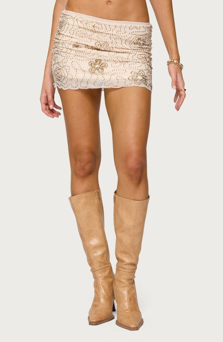 EDIKTED Astrid Floral Beaded Low Rise Miniskirt, Main, color, Cream