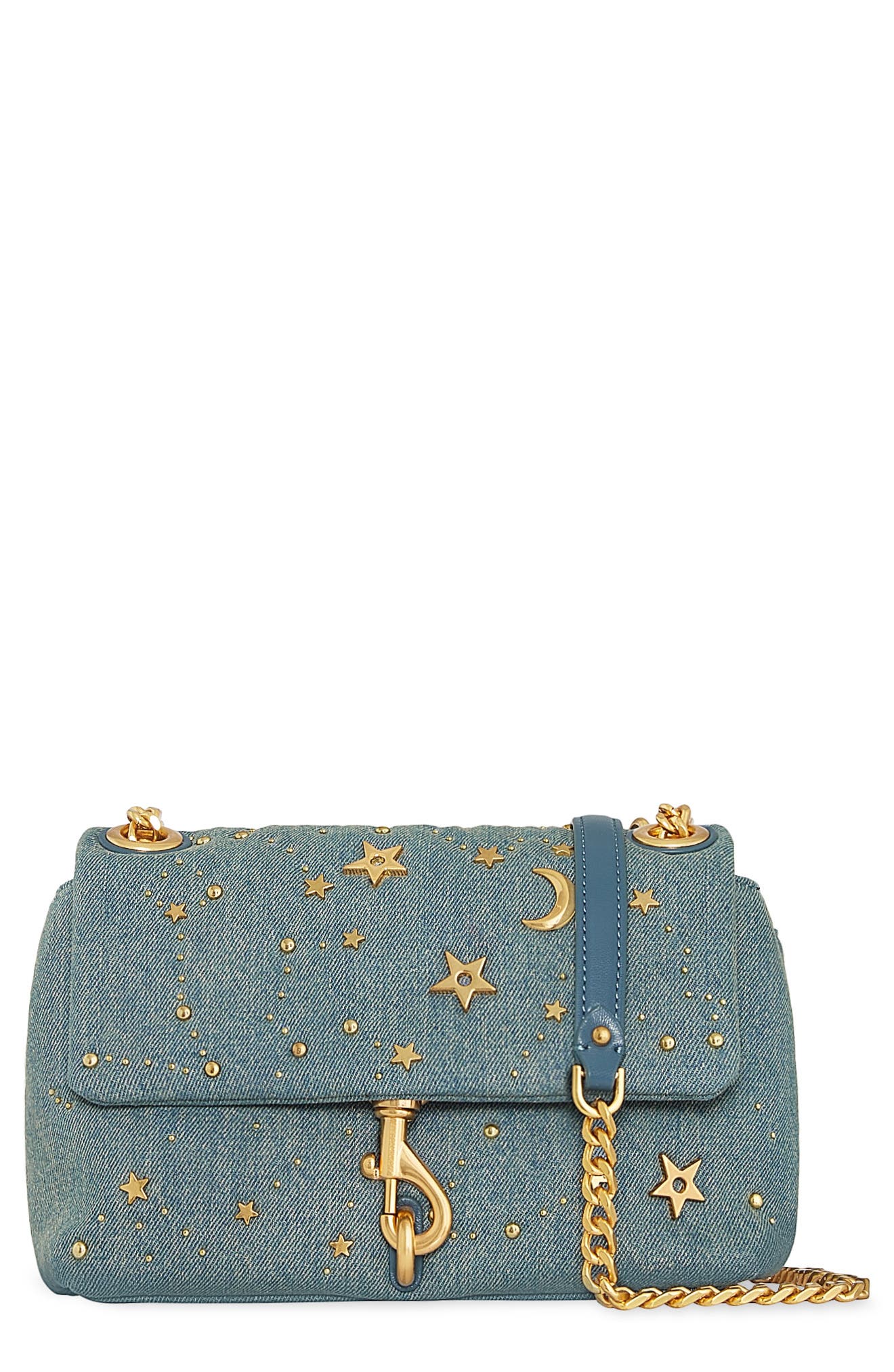 Rebecca Minkoff Edie Celestial Stud Quilted Denim Convertible Crossbody Bag, Main, color, 