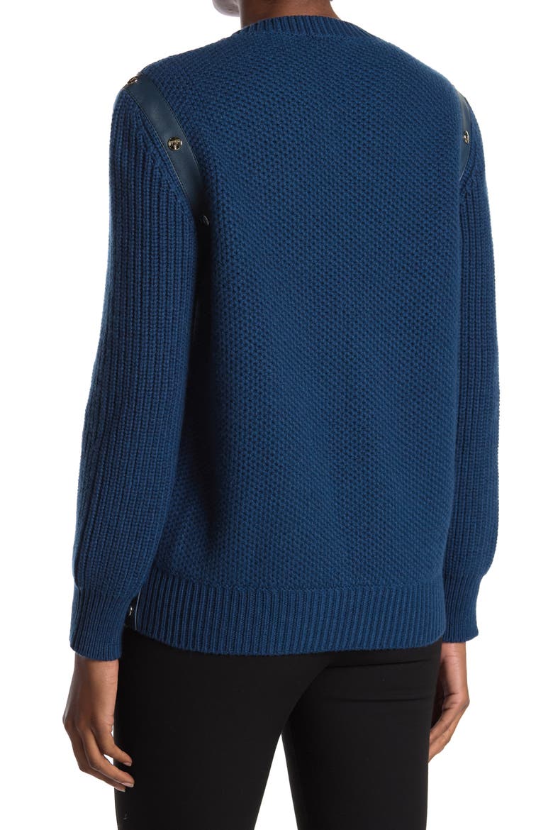 Salvatore Ferragamo Studded Leather Trim Cashmere Blend Sweater, Alternate, color, PETROLE