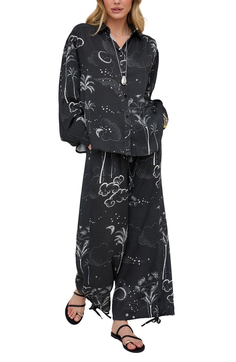 Raffya Palm High Waist Palm Print Trouser, Alternate, color, Black