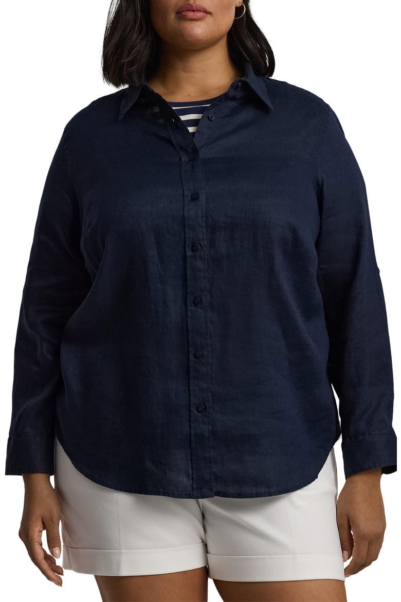 Relaxed Fit Linen Roll Tab-Sleeve Shirt, Main, color, LAUREN NAVY