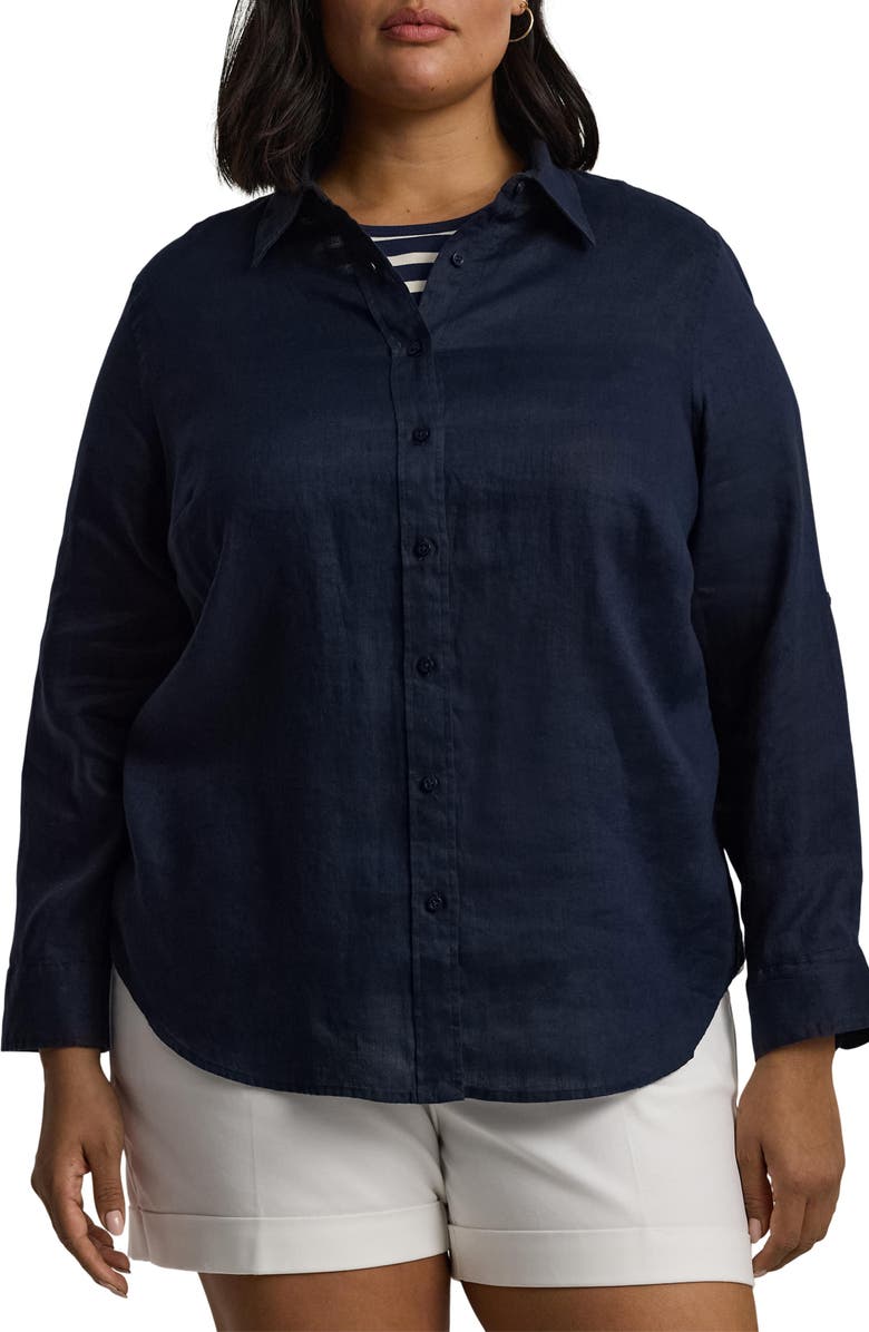 Lauren Ralph Lauren Relaxed Fit Linen Button-Up Shirt, Main, color, Lauren Navy