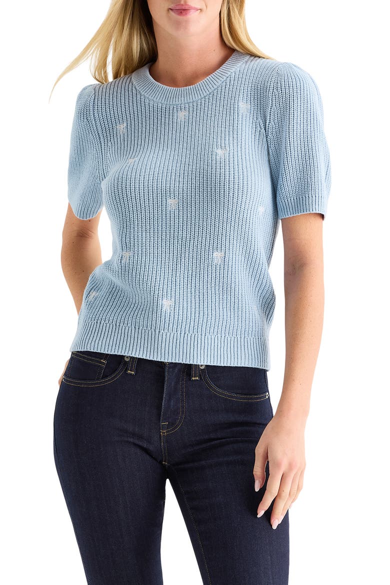 Bow Embroidered Short Sleeve Sweater, Main, color, KENTUCKY BLUE