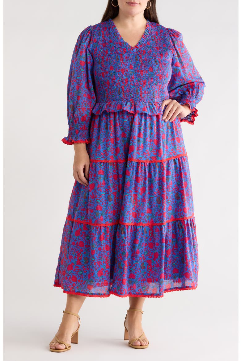 Tanya Floral Print Smocked Maxi Dress, Main, color, BLUE-FUCHSIA