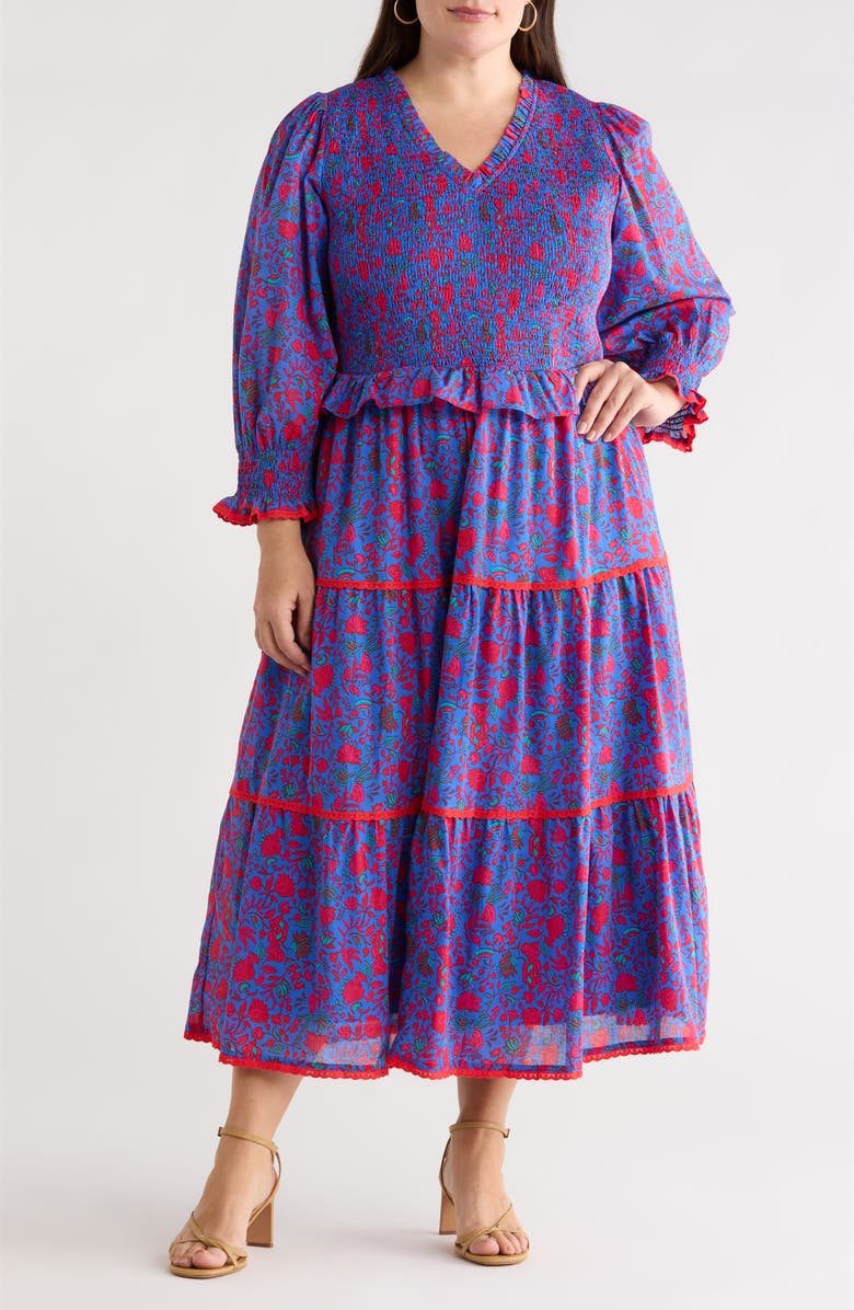 SUGARLIPS Tanya Floral Print Smocked Maxi Dress, Main, color, Blue-Fuchsia