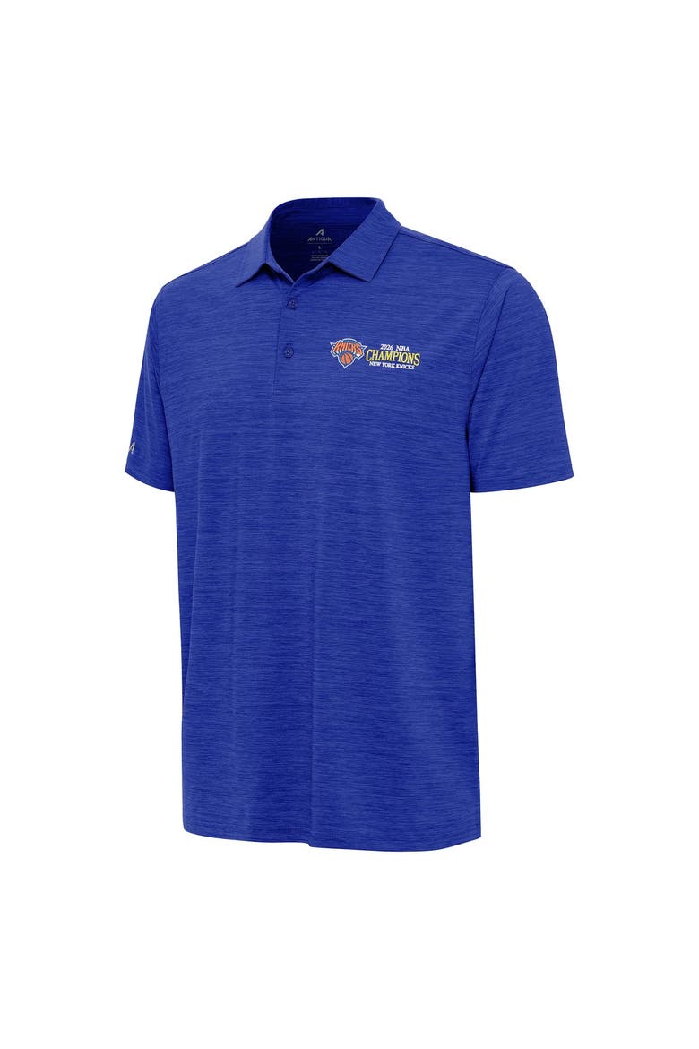 Men's Antigua Heather Blue New York Knicks 2026 NBA Finals Champions Secondary Layout Polo, Alternate, color, Heather Blue