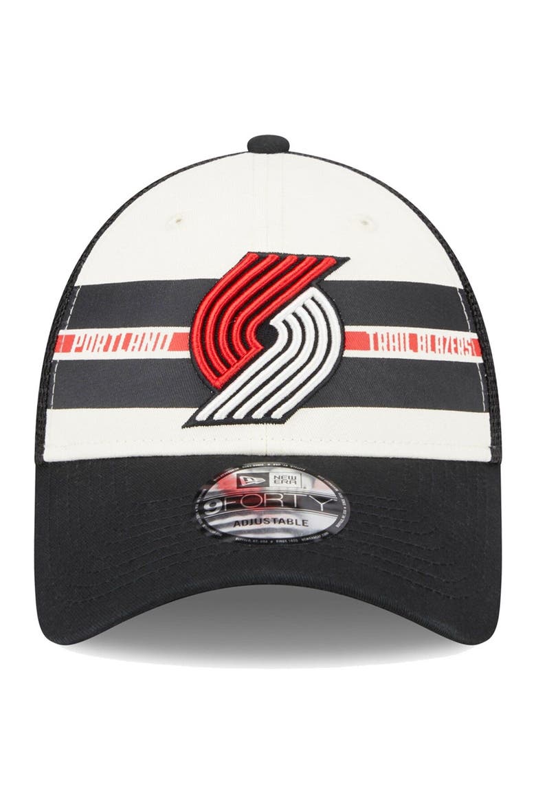 Men's New Era Portland Trail Blazers Black Stripes 9FORTY Trucker Snapback Hat, Alternate, color, Black