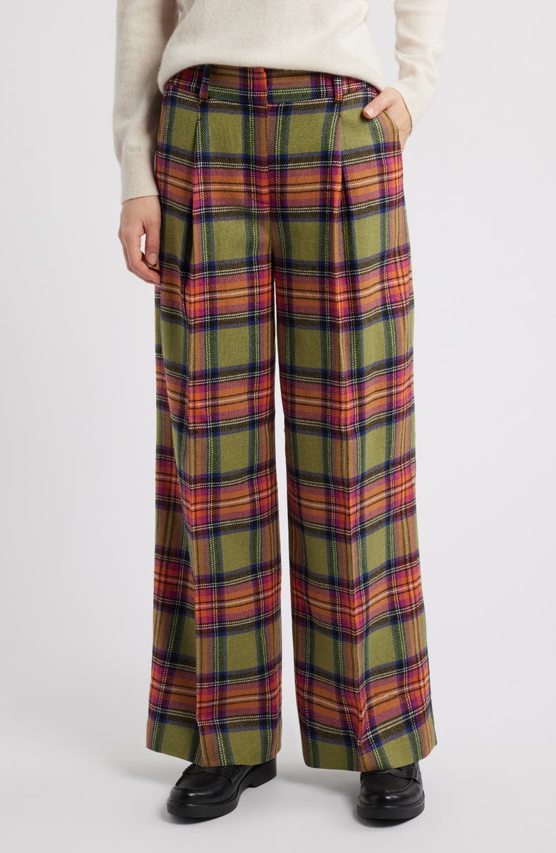 Boden Chiswick Plaid Wide Leg Pants, Main, color, Green And Purple Check