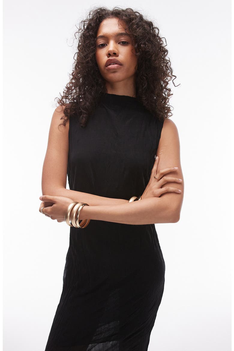 Crinkle Funnel Neck Midi Dress, Alternate, color, BLACK