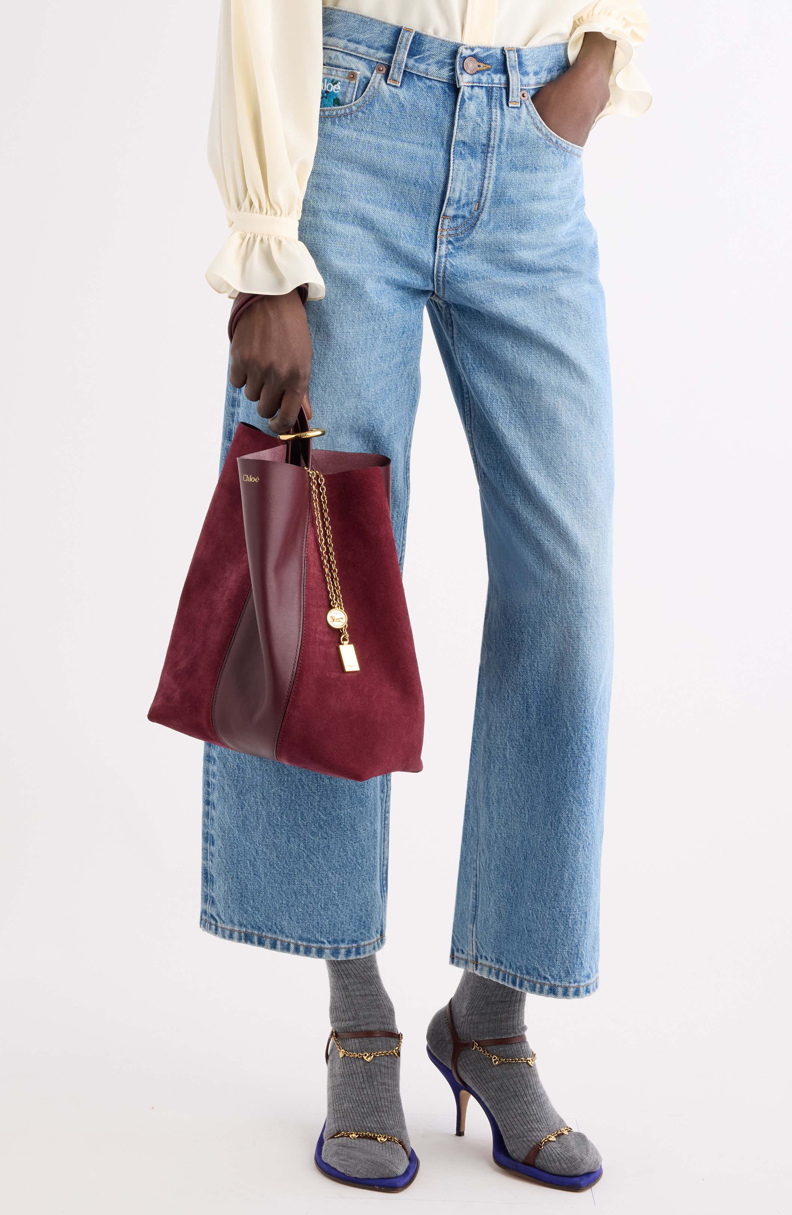 Spin Leather & Suede Tote, Alternate, color, BURNT RED