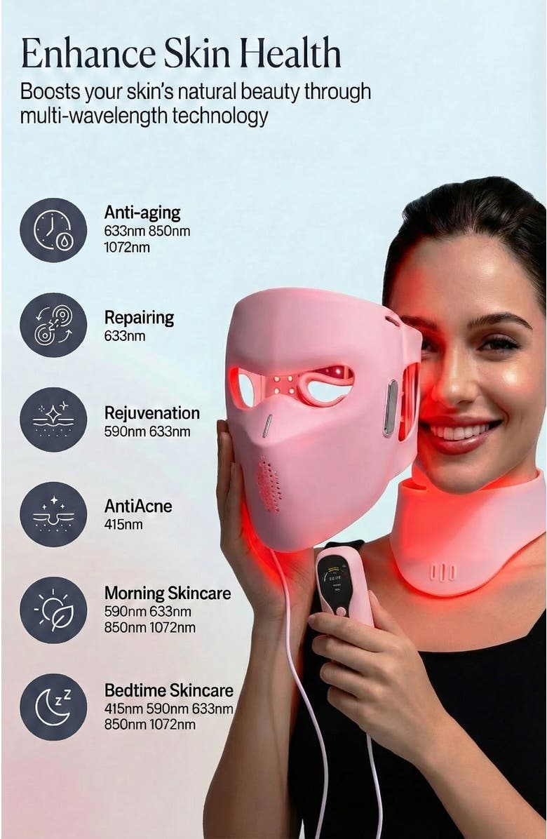 Lovery 4D LED Light Therapy Mask and Neck Set with Near-Infrared Light - Medical Grade Silicone - Anti aging Skin Rejuvenation, Alternate, color, Pink