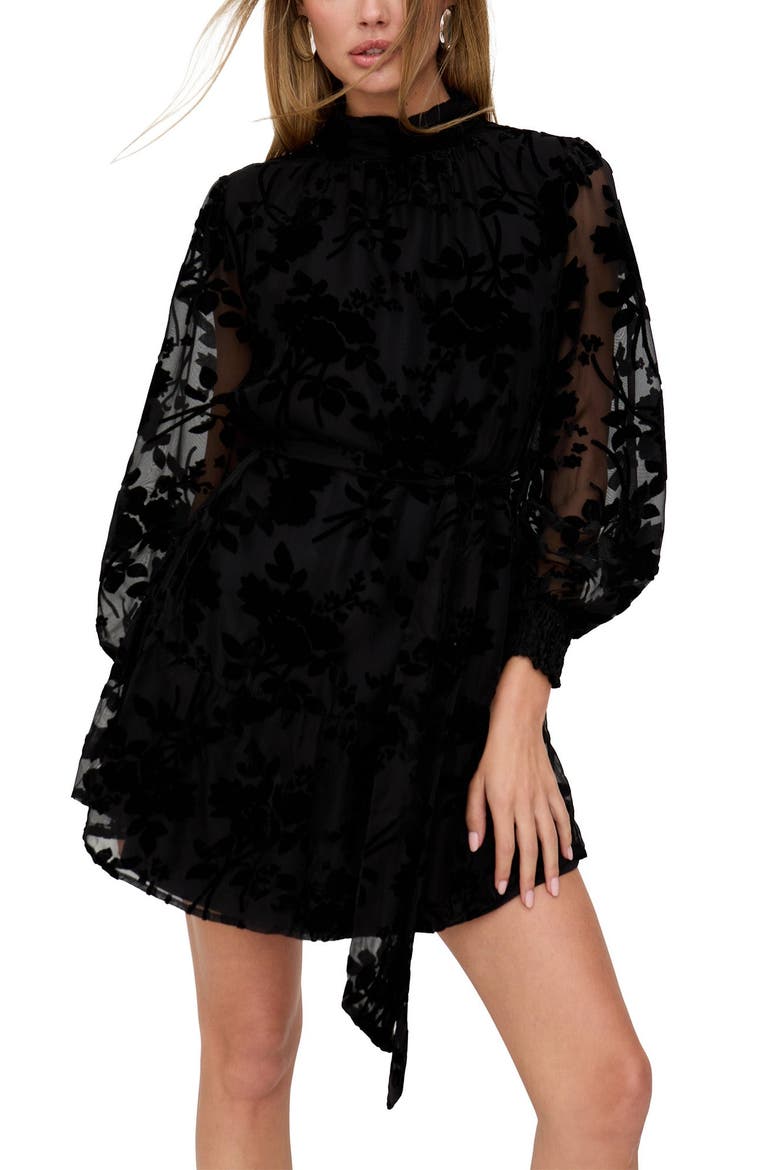 Brezze High Neck Velvet Burnout Mini Dress, Main, color, Black