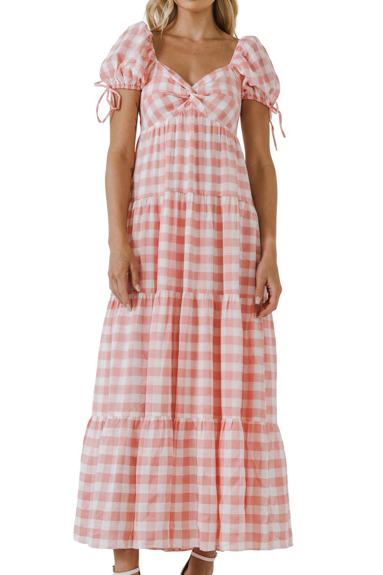 Gingham Knot Tiered Cotton Blend Midi Dress, Alternate, color, PINK
