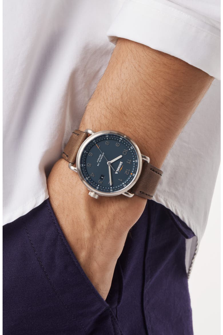 The Canfield Leather Strap Watch, 43mm, Alternate, color, BROWN