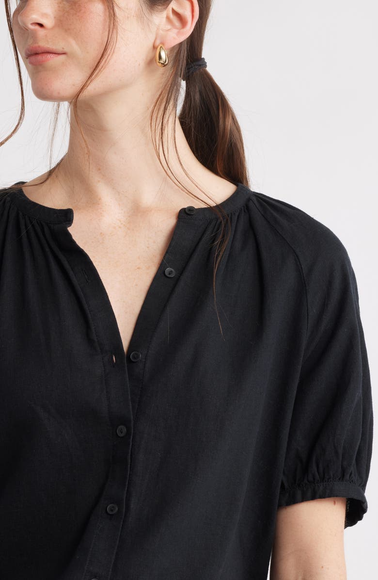 Caslon<sup>®</sup> Puff Sleeve Linen Blend Button-Up Shirt, Alternate, color, Black