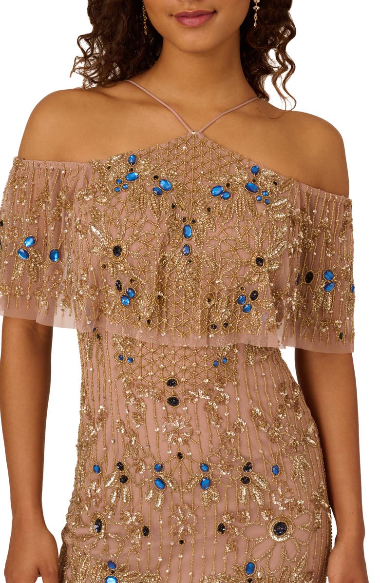 Adrianna Papell Beaded Cold Shoulder Gown, Alternate, color, 