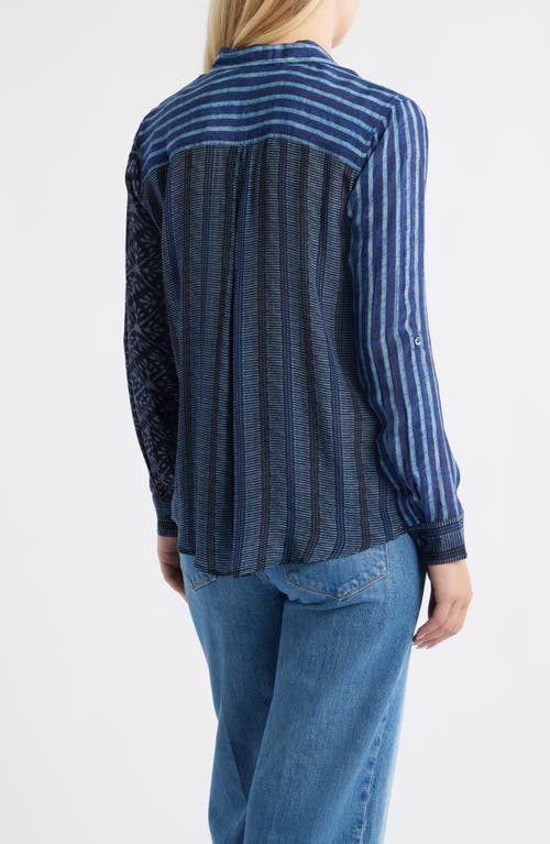 Apny Abstract Print Roll Tab Sleeve Chiffon Button-up Shirt In Blue