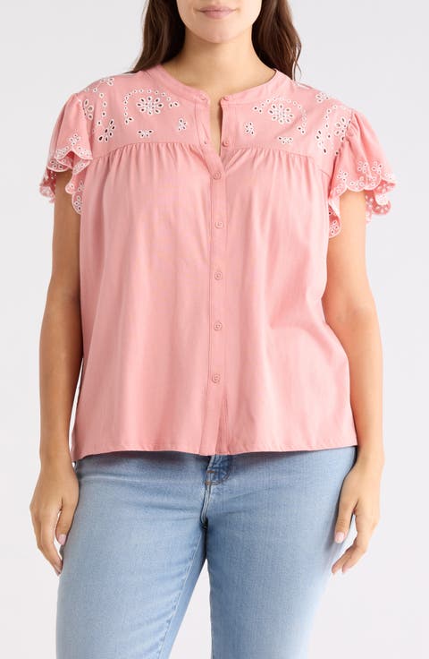 Eyelet Embroidery Flutter Sleeve Top (Plus)