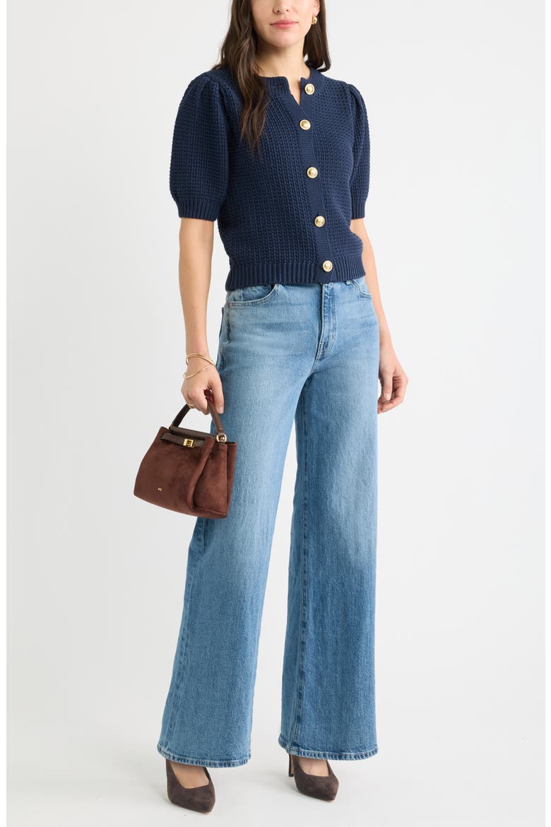 Puff Sleeve Textured Cotton Cardigan, Alternate, color, NAVY STILL