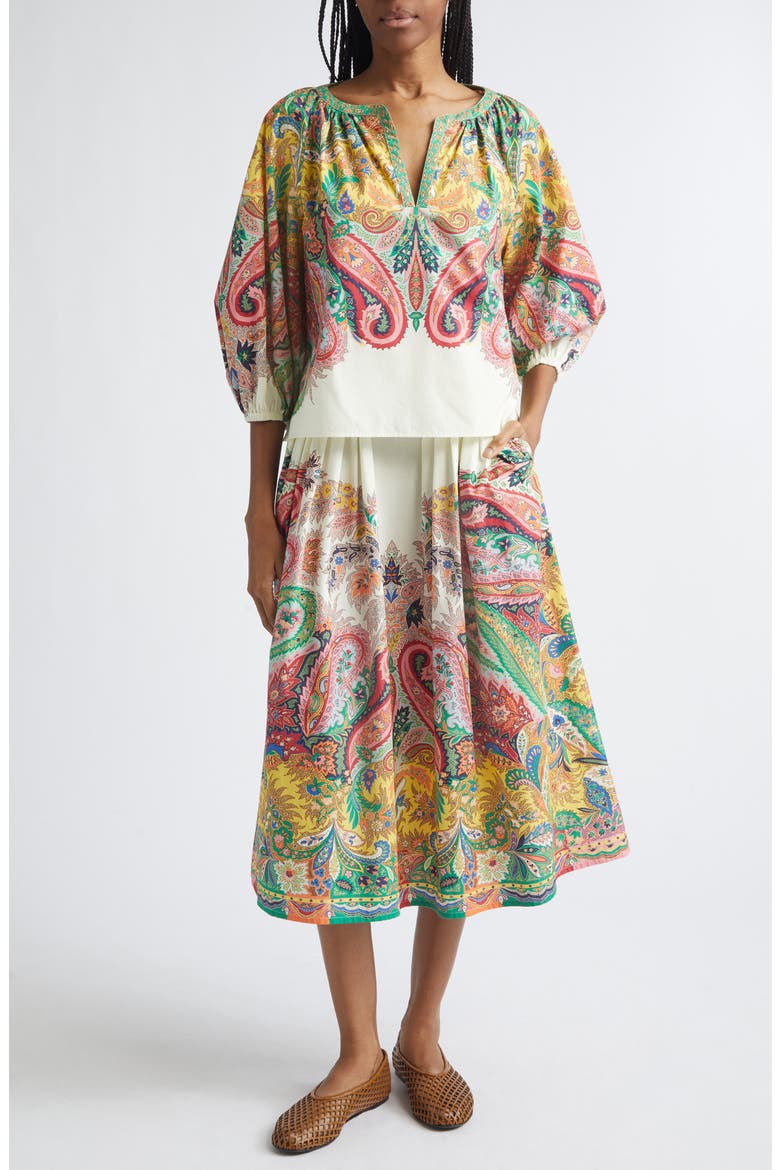 Paisley Pleated Cotton Voile Midi Skirt, Alternate, color, PRINT ON WHITE BASE