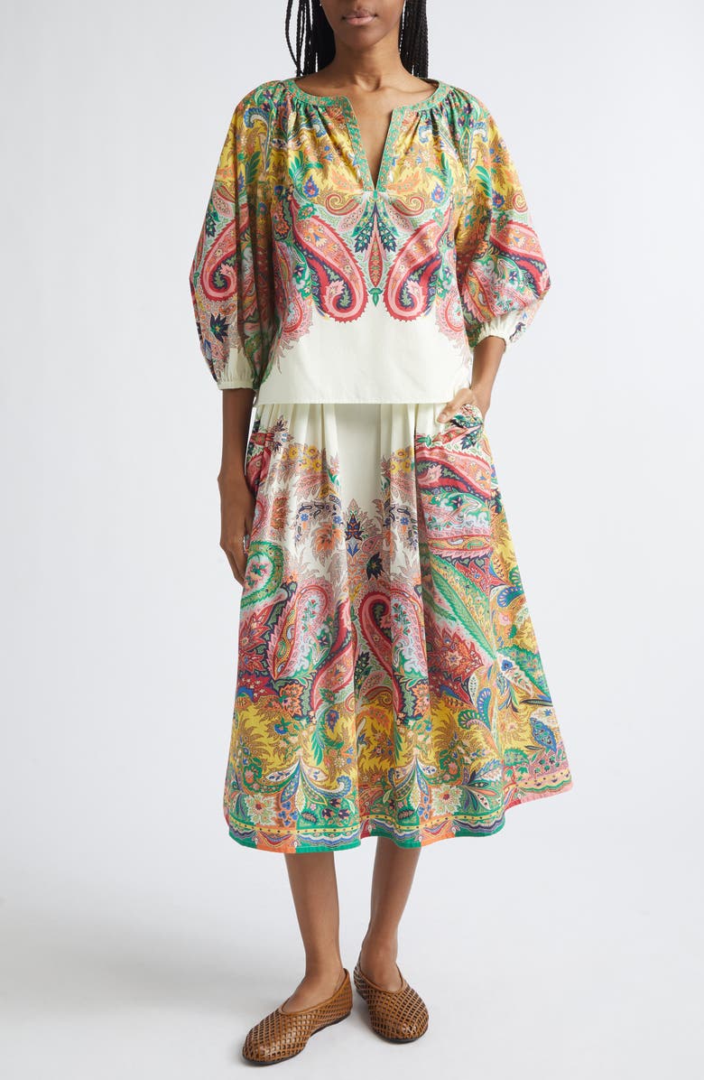 Etro Paisley Pleated Cotton Voile Midi Skirt, Alternate, color, Print On White Base