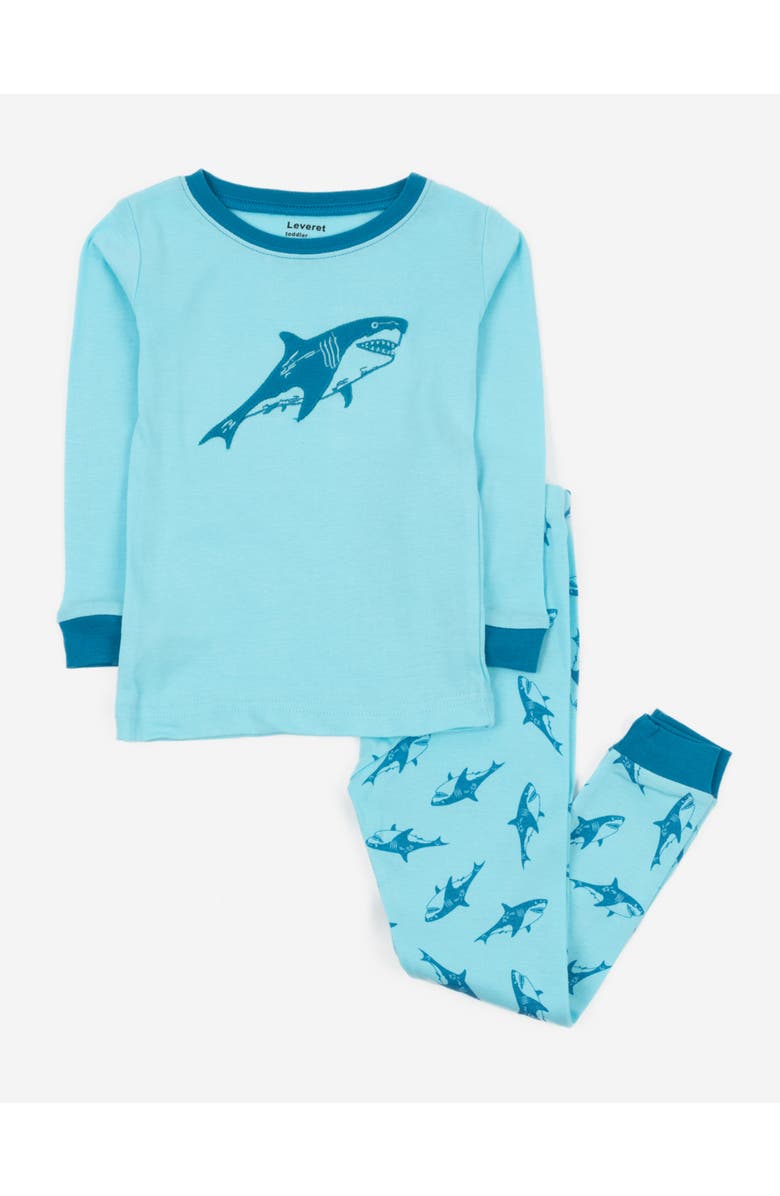 Leveret Kids Cotton Two-Piece Printed Pajamas, Animals & Characters, Main, color, Sharks Royal Blue