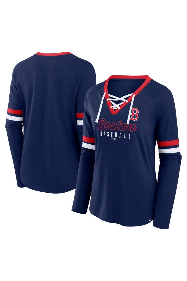 Women's Fanatics Navy Boston Red Sox Won & Done Raglan Lace-Up Long Sleeve T-Shirt, Main, color, Navy