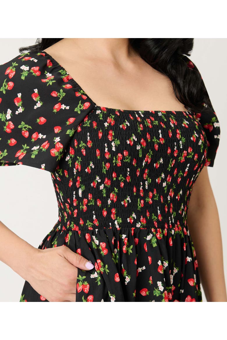 Smocked Bodice Midi Dress, Alternate, color, Black W/Strawberry Print