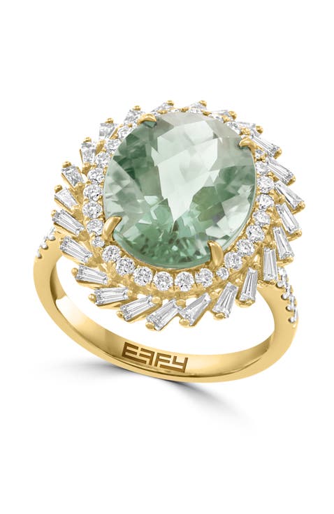 14K Yellow Gold Diamond & Green Amethyst Halo Statement Ring