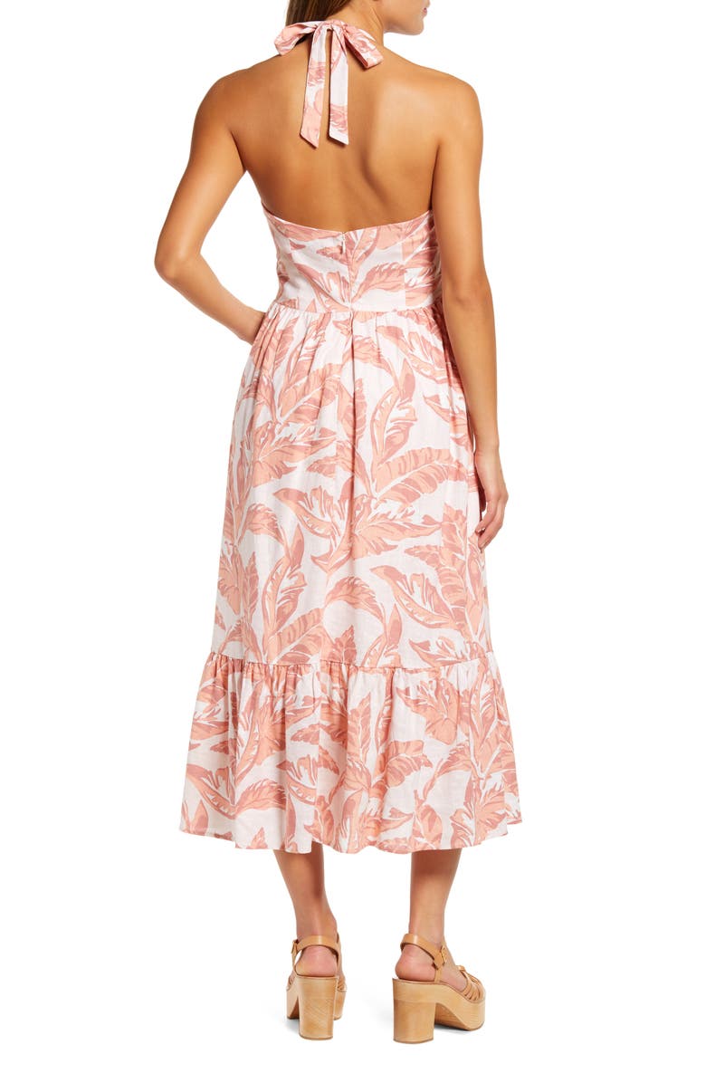 Bardot Tropica Halter Neck Linen Blend Midi Dress, Alternate, color, 