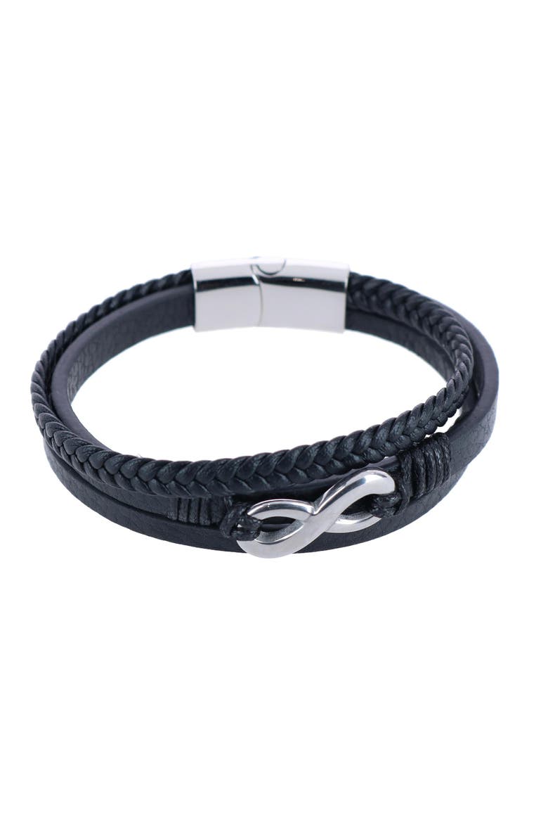 Infinity Triple Band Secure Clasp Leather Bracelet, Main, color, Black and Silver