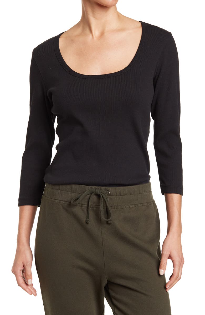 James Perse 3/4 Sleebe U Neck Ribbed Tee, Main, color, 