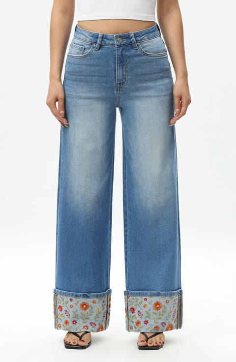 Floral Embroidered High Waist Cuffed Wide Leg Jeans