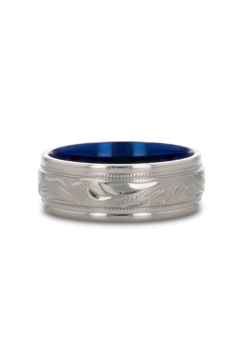 MARINER Titanium Milgrain Engraved Finish Wedding Ring, Alternate, color, Silver / Blue 8mm