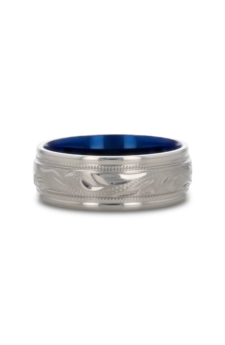 Larson Jewelers MARINER Titanium Milgrain Engraved Finish Wedding Ring, Alternate, color, Silver / Blue 8Mm