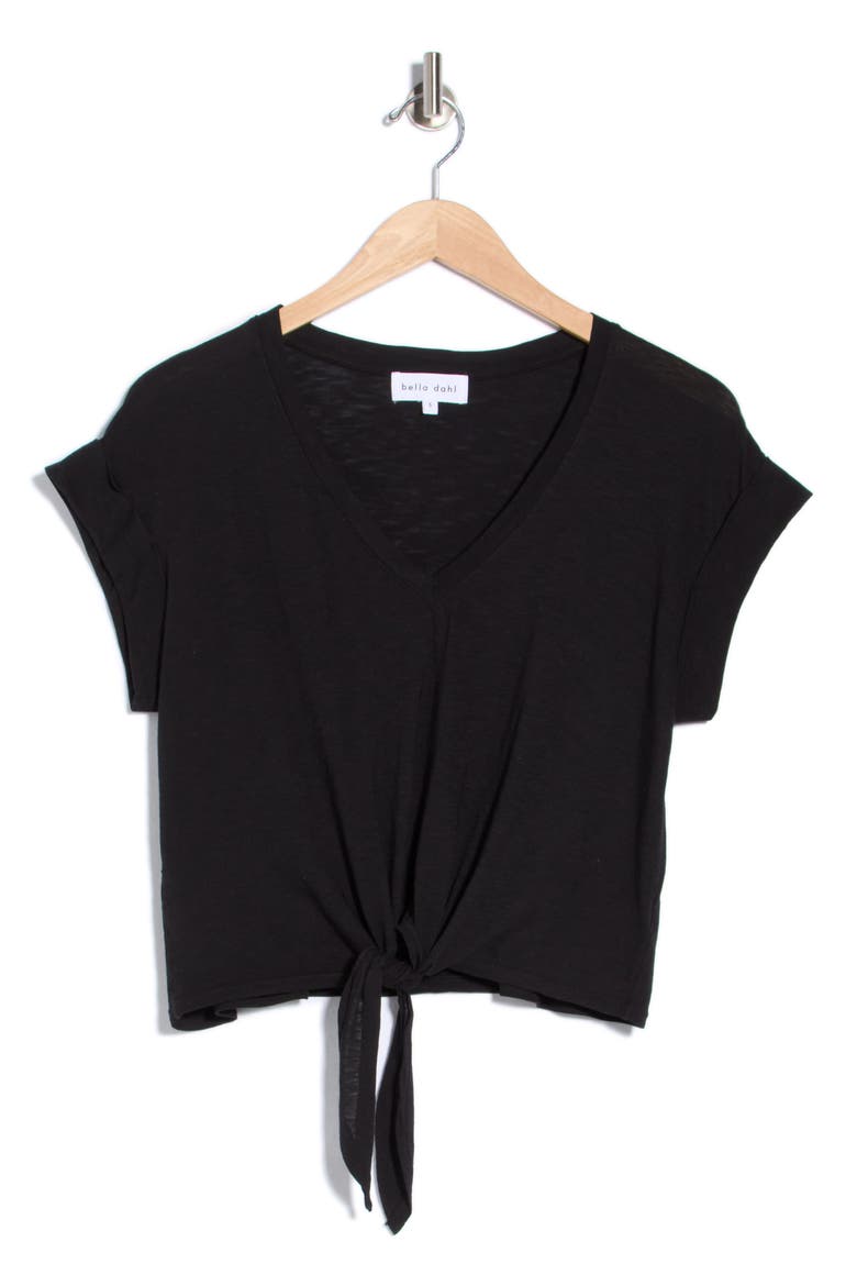 Tie Front V-Neck T-Shirt, Main, color, BLACK