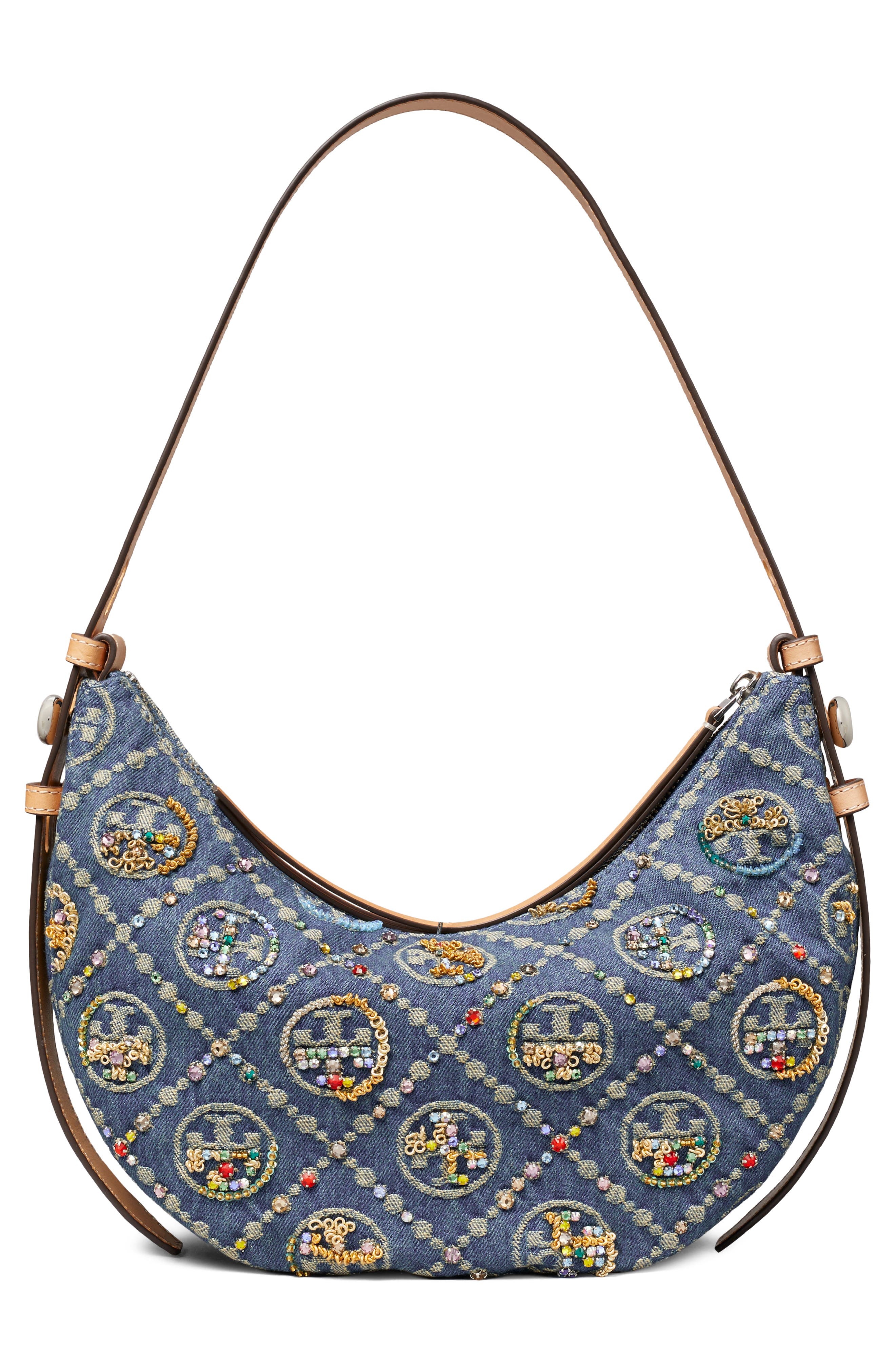 Romy T Monogram Embellished Denim Half Moon Bag, Alternate, color, BOAT HOUSE
