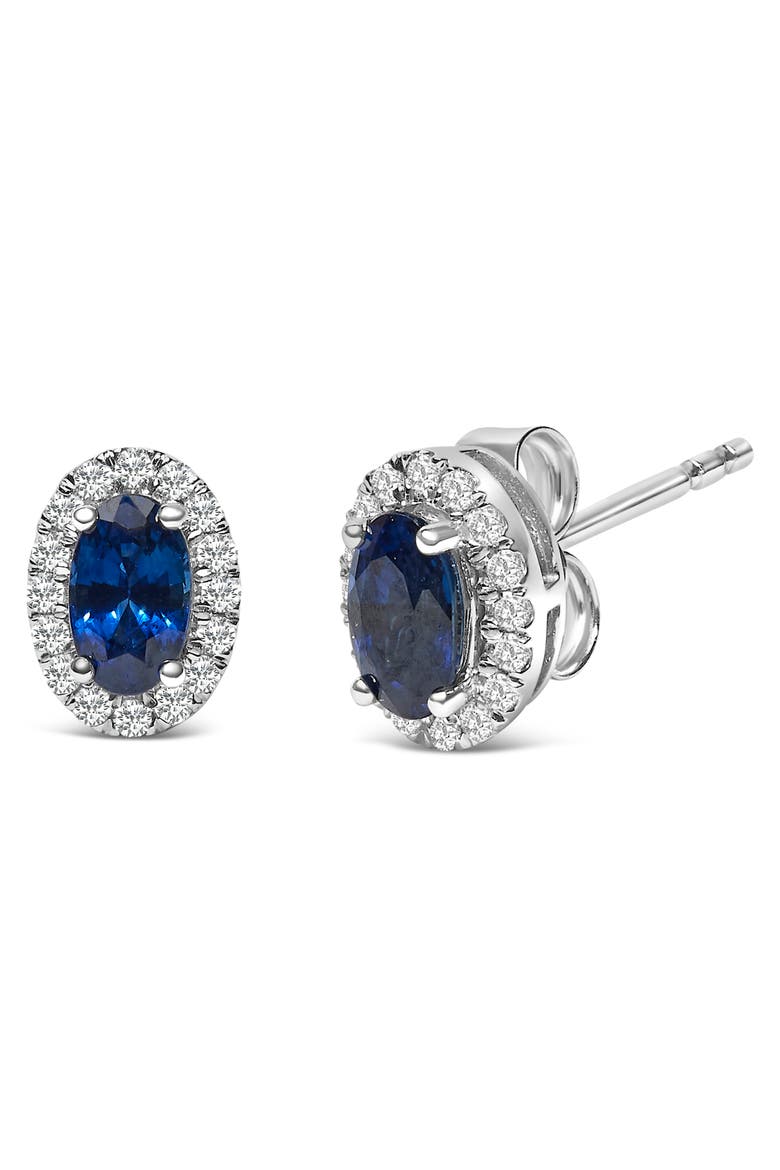 10K White Gold 5x3 MM Oval Cut Birthstone and Diamond Halo Stud Earrings, Alternate, color, Blue Sapphire