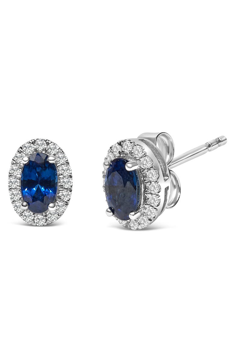 Haus of Brilliance 10K White Gold 5x3 MM Oval Cut Birthstone and Diamond Halo Stud Earrings, Alternate, color, Blue Sapphire
